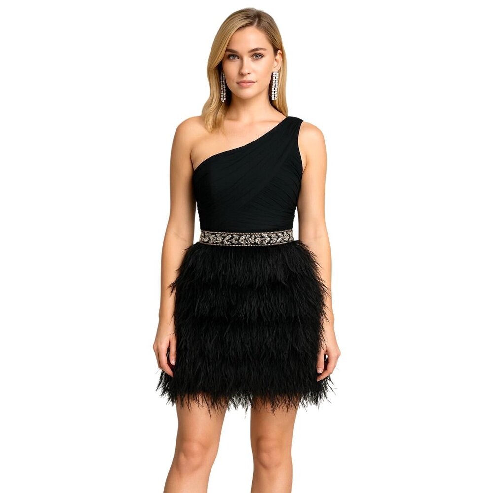 One-Shoulder Pleated Black Tie Feather Cocktail Dress Rhinestone Waist 8 Prom